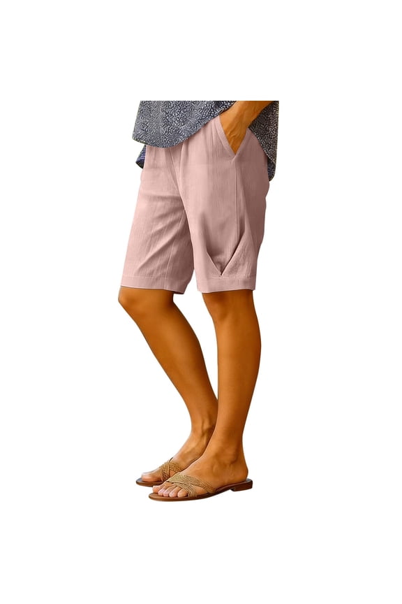 Lightweight Linen Shorts 5" For Women Elastic Waist Drawstring Daily Shorts Summer Straight Leg Breathable Casual Shorts,Pinks,3XL