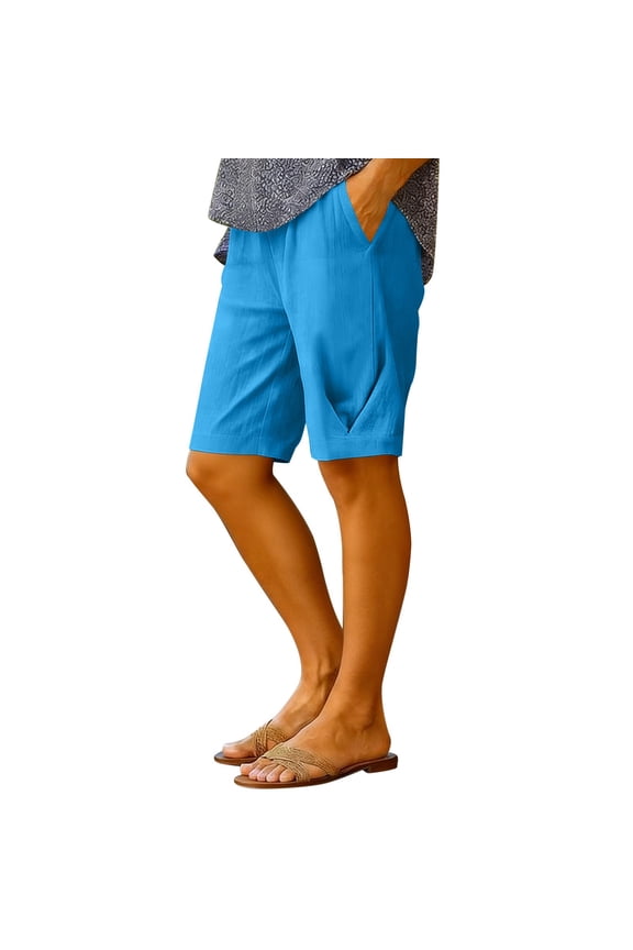 Lightweight Linen Shorts 5" For Women Elastic Waist Drawstring Daily Shorts Summer Straight Leg Breathable Casual Shorts,Sky Blue,L