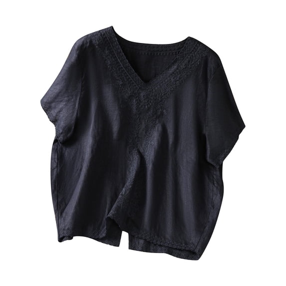 Tsesme Linen Embroidered tops Short Sleeve V-Neck Pullover Fashion T-Shirt Women’s Plus Size Shirt