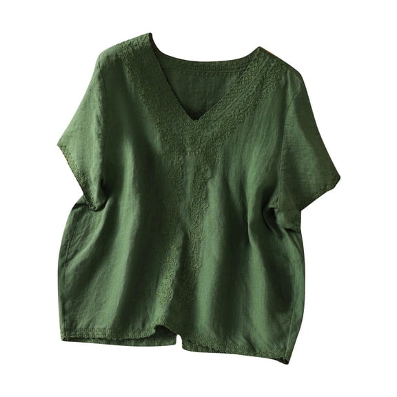 Tsesme Linen Embroidered tops Short Sleeve V-Neck Pullover Fashion T-Shirt Women’s Plus Size Shirt