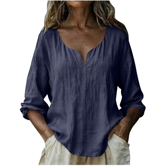 Tsesme Linen Long Sleeve Tops for Women V-Neck Pullover Fashion Tees Summer Breathable Loose T-Shirt