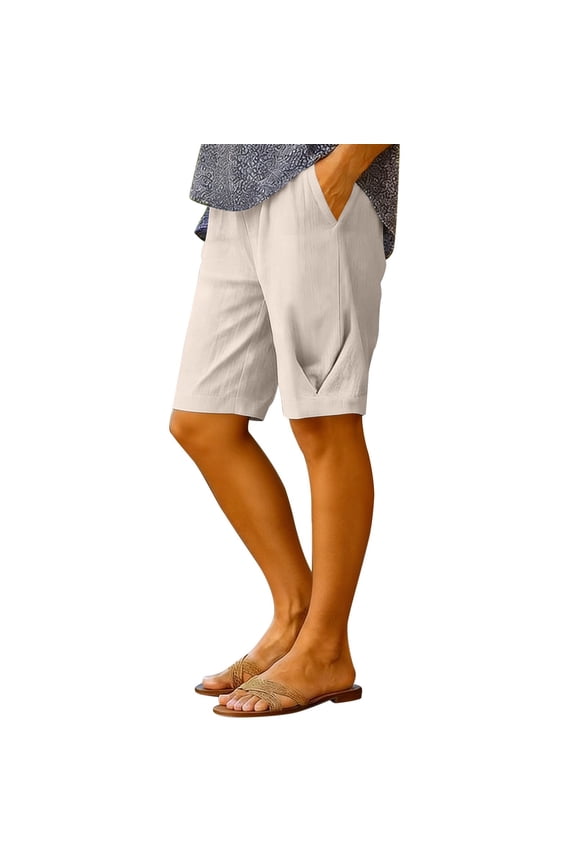 Linen Shorts 5" For Women 2026 Summer Lightweight Casual Elastic Waist Shorts Loose Straight Leg Summer Vacation Shorts,Khaki,XXL