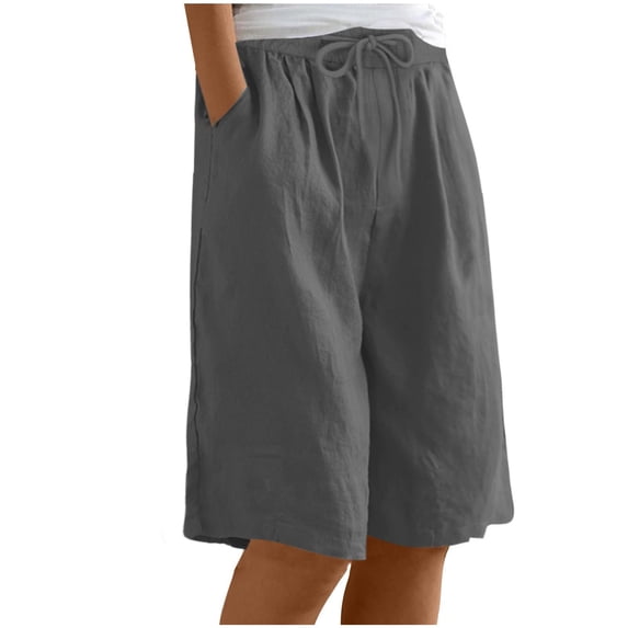 Tsesme Linen Shorts for Women Wide Leg Knee Length Shorts Summer Casual High Waisted Short Pant with Pockets
