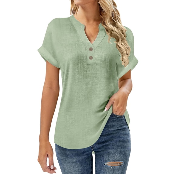 Tsesme Linen V-Neck T-shirt for Women Summer Breathable Short Sleeve Tops with Button Fashion Casual Pullover Shirt