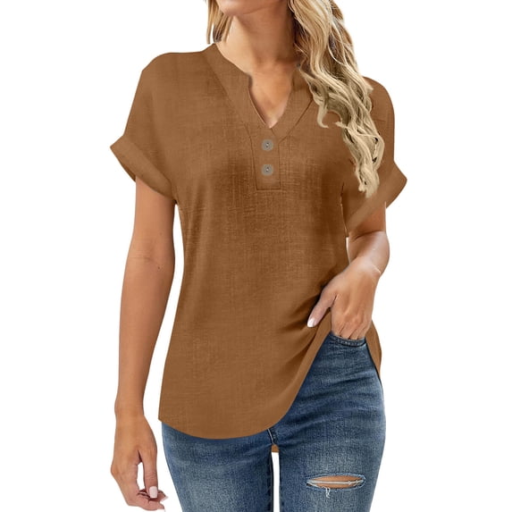 Tsesme Linen V-Neck T-shirt for Women Summer Breathable Short Sleeve Tops with Button Fashion Casual Pullover Shirt