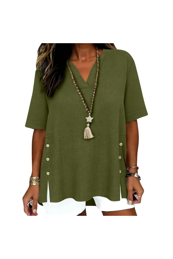 Loose V-Neck T-Shirt for Women Short Sleeve Pullover Tops with Side Button Fashion Hem Split Tees