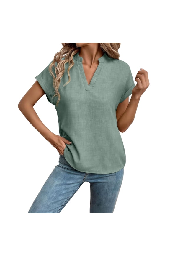 Loose V-Neck T-Shirt for Women Summer Linen Roll up Short Sleeve Tops Comfy Casual Tees