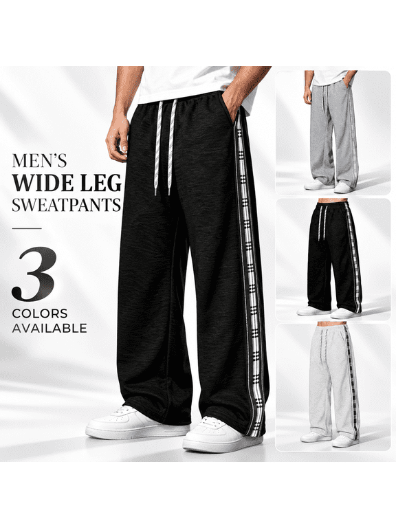 Men's Straight Leg Sweatpants, Side Stripe Patchwork Loose Track Pants, Drawstring Elastic Waist Casual Athletic Trousers,XL