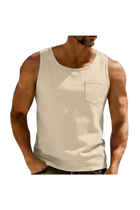 Men's Tank Tops with Pockets, Fashion Crew Neck Sleeveless Shirt, Summer Loose Casual Tanks,Khaki,3XL