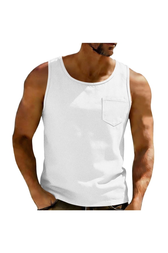 Men's Tank Tops with Pockets, Fashion Crew Neck Sleeveless Shirt, Summer Loose Casual Tanks,White,XXL