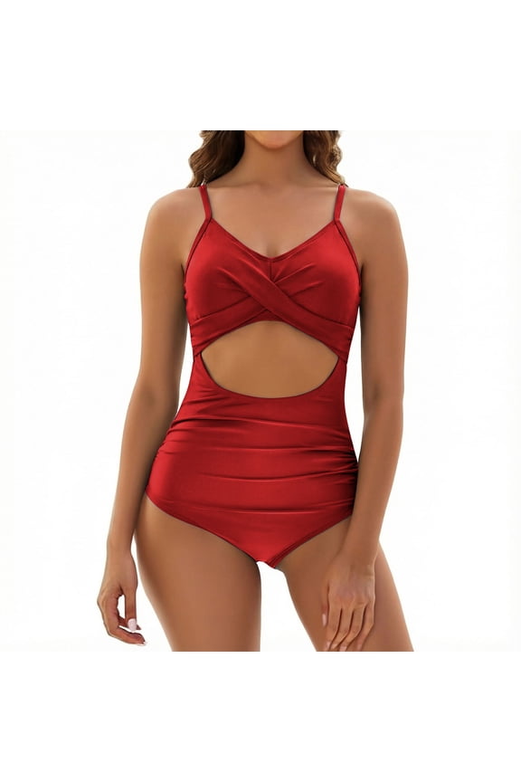 One Piece Swimsuit Women Cut out Backless Bathing Suit V-Neck Slimming Ruched Swimsuits