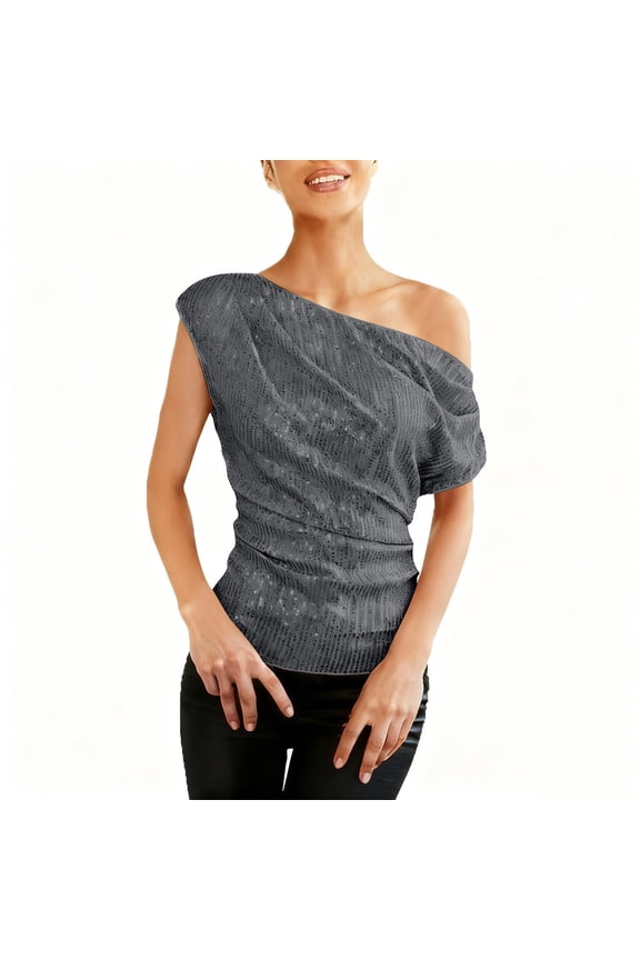 One Shoulder Sequin Sparkly Tops for Women Ruched Asymmetrical Sleeve Tops Slim Fashion Party Shirts