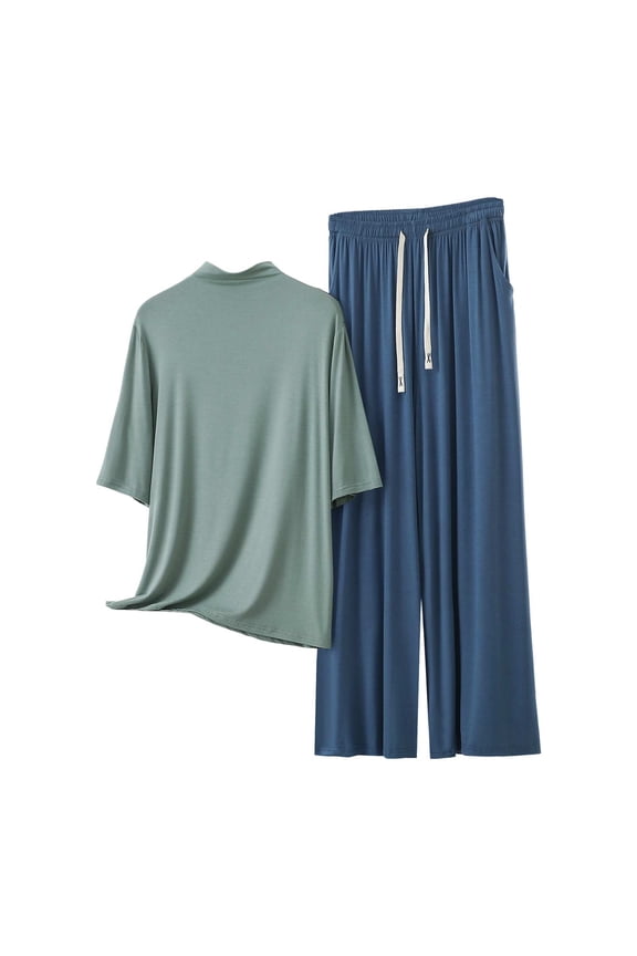 Plus Size Women’s 2 Piece Set Mock Neck Mid Sleeve Tee Wide Leg Long Pants Homewear Set Soft Comfy Loungewear Set ,Blue,L