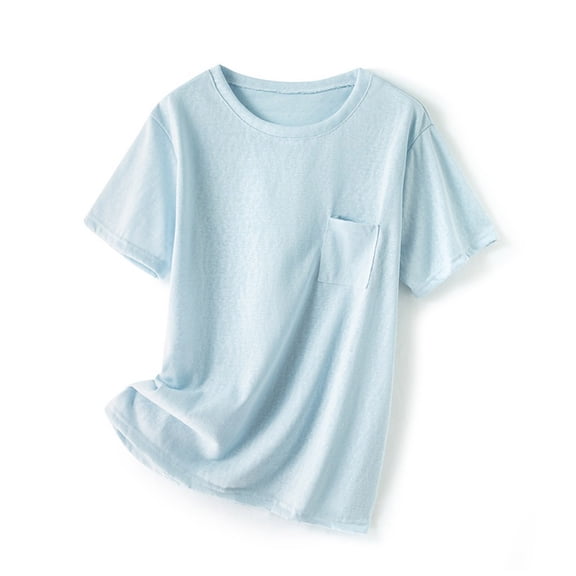 Tsesme Round Neck T-shirt for Women Summer Short Sleeve Basic Tops Lightweight Breathable Shirt with Pocket