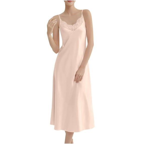 Tsesme Satin Nightgown for Women V-Neck Sleep Dress Sleepwear Lace Patchwork Lingerie Long Nightdress