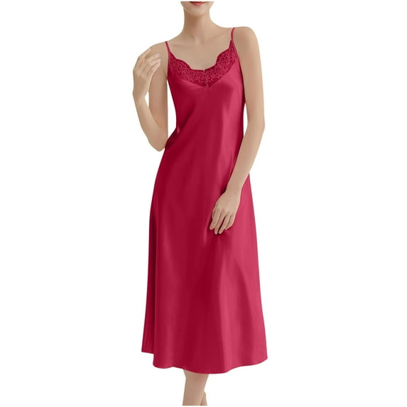 Tsesme Satin Nightgown for Women V-Neck Sleep Dress Sleepwear Lace Patchwork Lingerie Long Nightdress