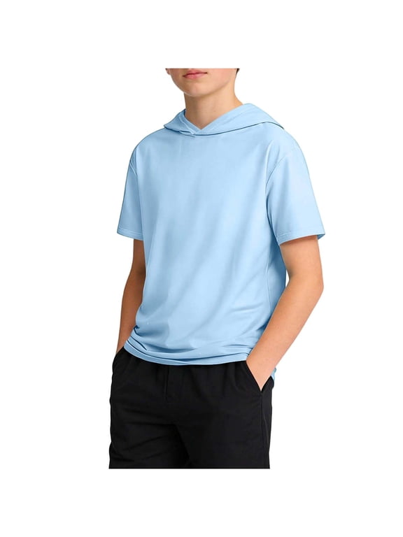 Short Sleeve Hoodies for Boy, Loose Pullover Hooded T-Shirt, Summer Cooling Comfy Daily Wear Tee for Kids 11T
