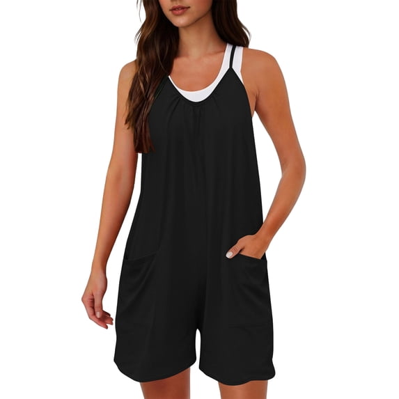 Tsesme Sleeveless Romper Shorts for Women Spaghetti Strap Shorts Jumpsuit Pleated Front Casual Overall Shorts with Pockets,Black,XXL