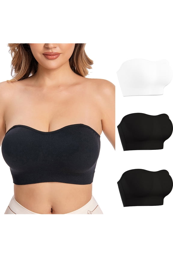 Strapless Bras for Women Wireless Push up Non-slip Bandeau Bra Seamless Clear Straps Bralette 3 Pack
