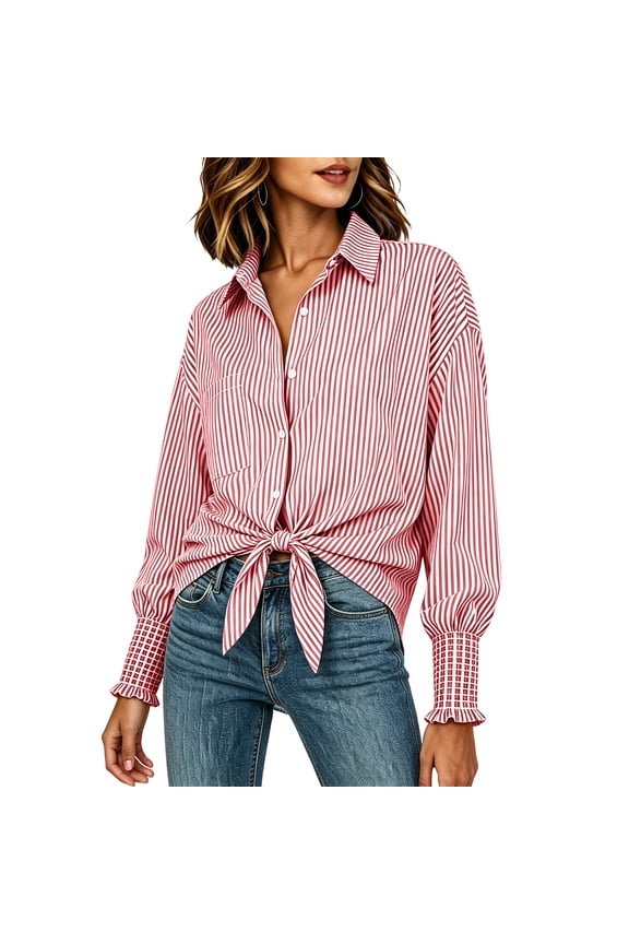 Striped Button down Shirts for Women Smocked Puff Cuff Blouses with Pockets Loose Office Work Long Sleeve Tops S