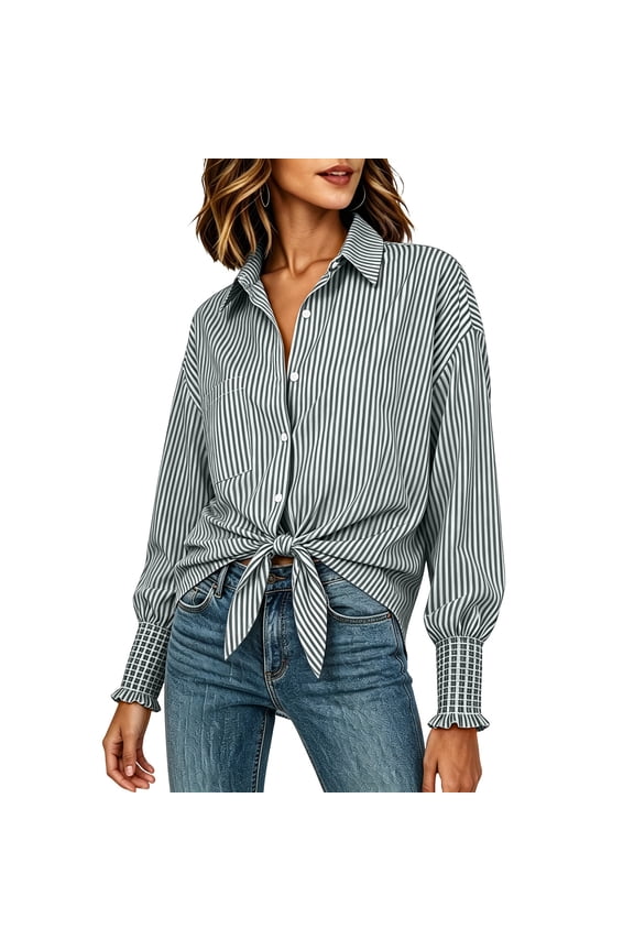 Striped Button down Shirts for Women Smocked Puff Cuff Blouses with Pockets Loose Office Work Long Sleeve Tops S