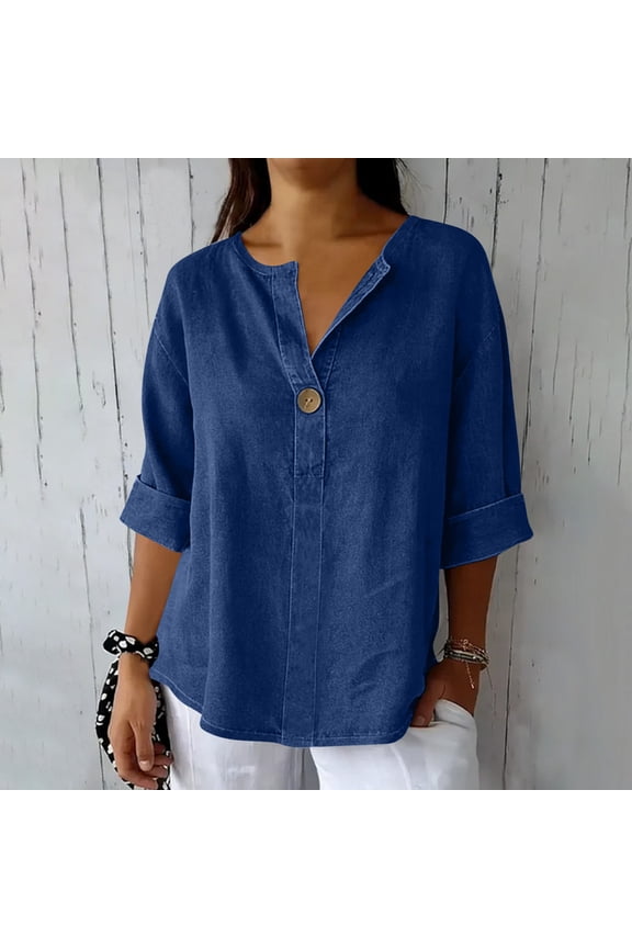Summer Jean Shirts for Women Button down V-Neck 3/4 Sleeve T-Shirt Casual Loose Basic Tops 2026