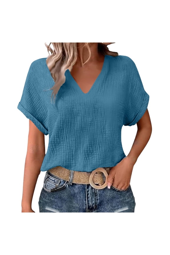 Summer Linen T-Shirt for Women V-Neck Roll up Short Sleeves Dressy Casual Tops Linen Loose Fits Tee