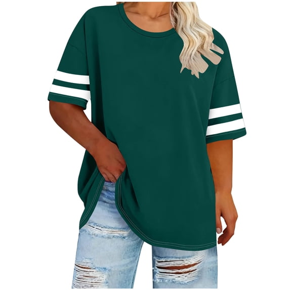 Tsesme Summer Loose T-Shirt for Women Plus Size Round Neck Short Sleeve Tops Fashion Stripe Basic Tee Daily Wear,Green,XXL