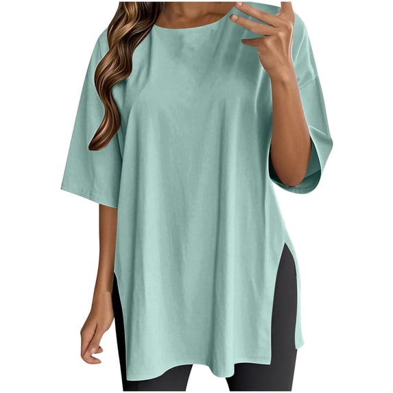 Tsesme Summer Oversize Short Sleeve Tops for Women Workout Loose T-Shirt Round Neck Tee with Hem Split
