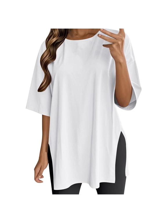 Summer Oversize Short Sleeve Tops for Women Workout Loose T-Shirt Round Neck Tee with Hem Split