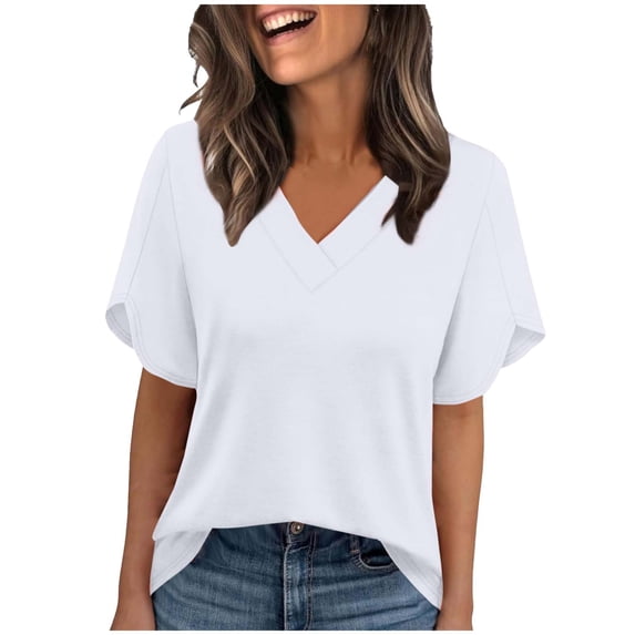 Tsesme Summer Ruffle Short Sleeve Tops for Women V-Neck Pullover Basic T-shirt Lightweight Comfy Tops