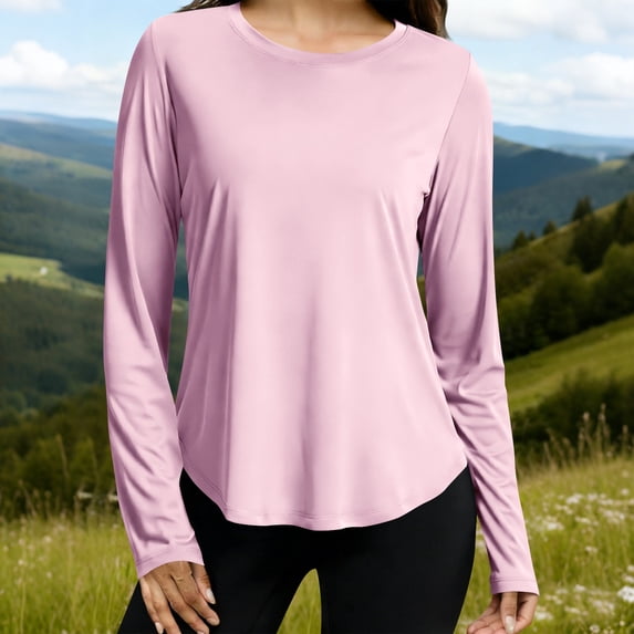 Tsesme Summer Sun Shirt for Women Lightweight Round Neck Pullover Long Sleeve Athletic Tops Summer Quick Dry Rash Guard,Pinks,M