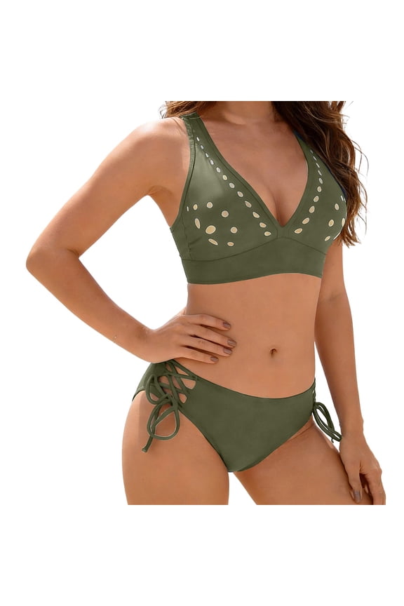 Two Piece Set for Women Petal Hollow out V-Neck Bikini Swimsuit Fashion String Mid Rise Bottom ,Green-a,L