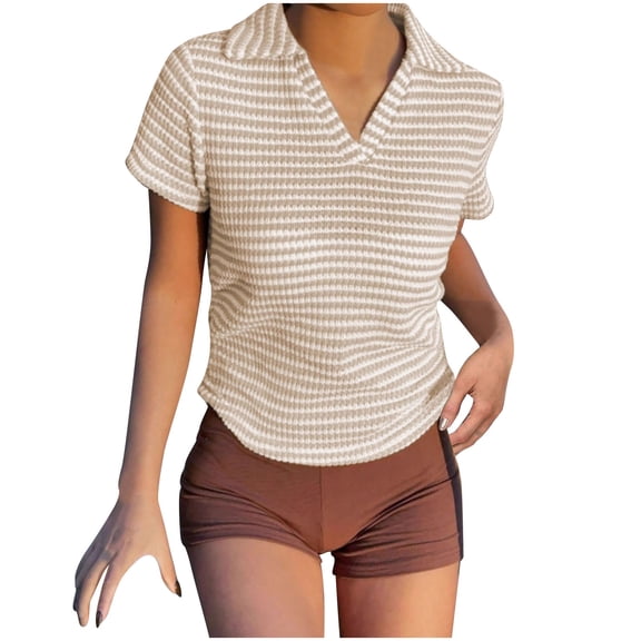 Tsesme V-Neck Striped Tops for Women Knit Short Sleeve Lapel T-shirt Fashion Business Casual Shirt