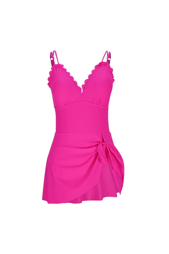 V-Neck Swim Dress for Women Double Straps Asymmetrical Hemline Bathing Skirt Summer Swimwear
