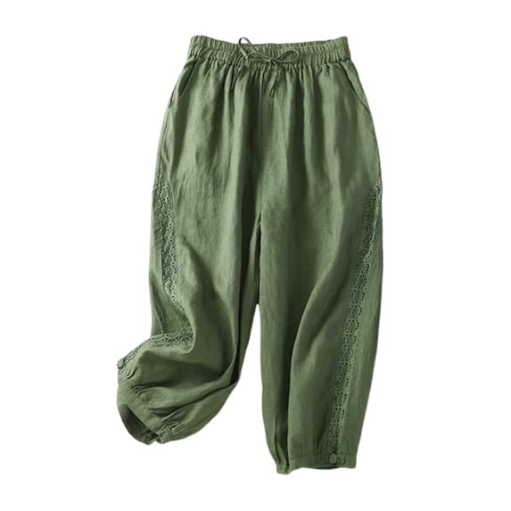 Tsesme Wide Leg Capris Pants for Women Linen High Waisted Flowy Pants Casual Drawstring Trousers