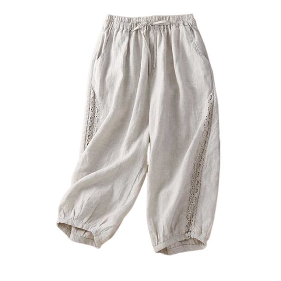 Tsesme Wide Leg Capris Pants for Women Linen High Waisted Flowy Pants Casual Drawstring Trousers
