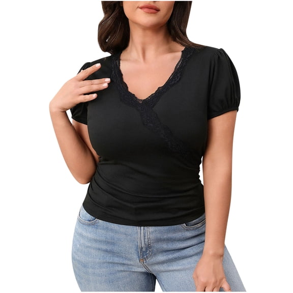 Tsesme Women Lace Shirt Tops Short Sleeve Solid Color Tee Shirt Summer Outgoing Slim T-Shirt