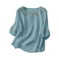 thumbnail image 1 of Tsesme Women Linen Tops 3/4 Sleeve Crew Neck Dressy Lightweight Embroidered T-shirt Summer Loose Blouses, 1 of 3