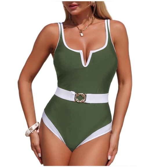 Tsesme Women One Piece Swimsuits Adjustable Strap High Cut Bathing Suit 2026 Color Block Swimwear with Belt