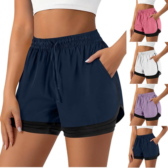 Tsesme Women’s 2 in 1 Athletic Shorts High Waist Quick Dry Shorts with Liner Summer Breathable Gym Sport Shorts with Pockets,Navy,L