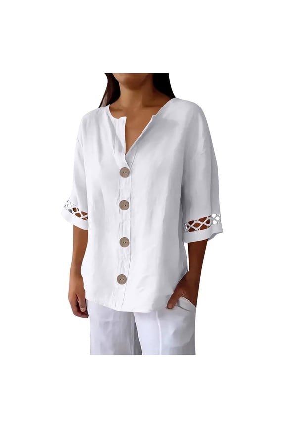 Women’s Button V-Neck T-Shirt Lace Patchwork Capris Sleeve Tops Summer Lightweight Blouses