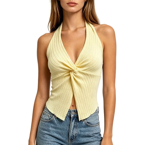 Tsesme Women's Halter Backless Crop Tops, Deep V Twist Front Sleeveless Tank Tops, Slim Fits Ribbed Knit Going out Camisole S