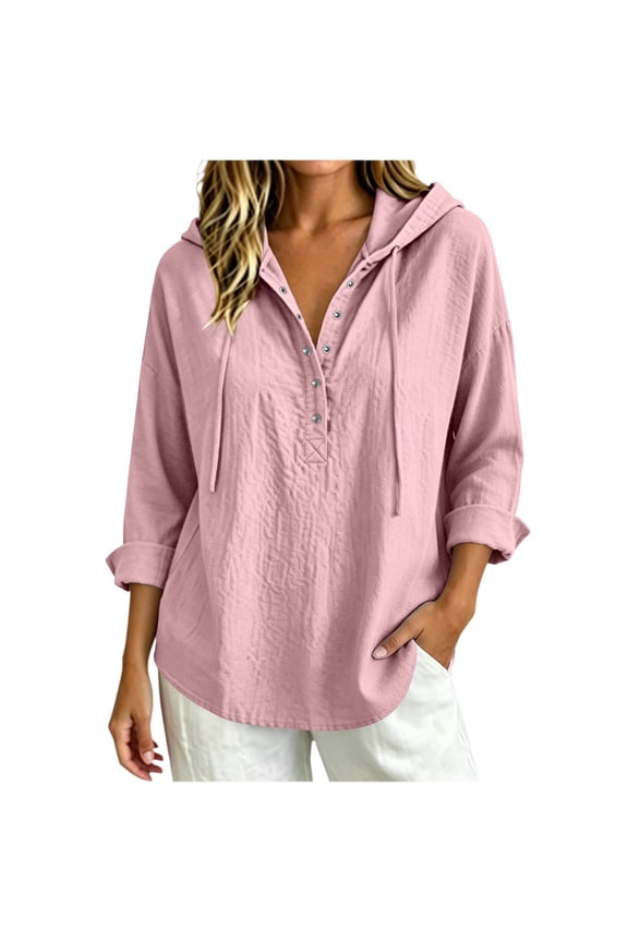 Women’s Hooded Long Sleeve Shirt, Button Front Pullover Tops with Drawstring Lightweight Loose Summer Daily Tops XXL
