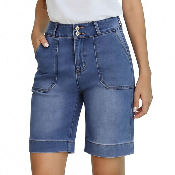 Tsesme Women's Jean Shorts 5" Straight Leg High Waist Denim Shorts with Pockets Fashion Versatile Summer Daily Jean Shorts ,Blue,L