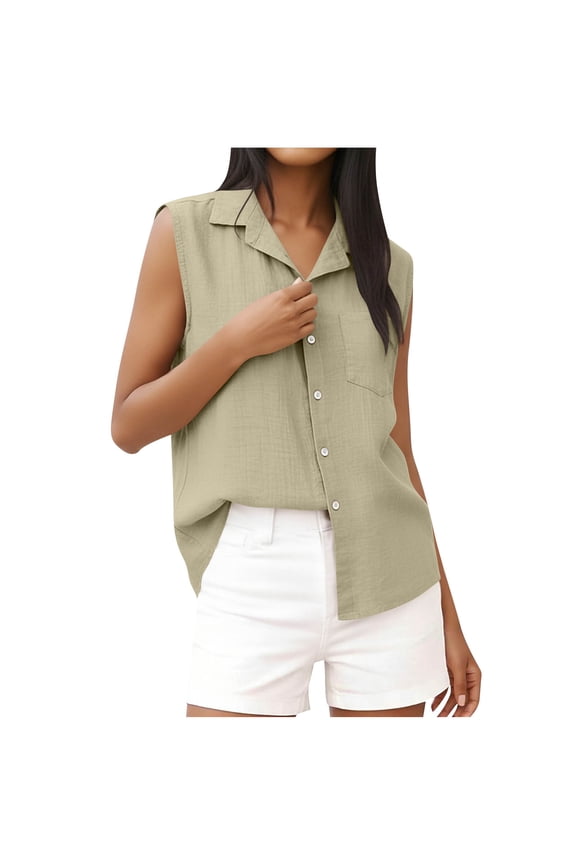Women’s Lapel Collar Shirt Summer Fashion Sleeveless Button Tops Full Open Blouses with Pockets