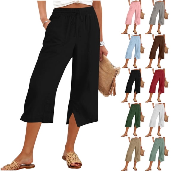 Tsesme Women’s Linen Capris Wide Leg Elastic Waist Drawstring Casual Pants Summer Lightweight Split Hem Capris Pants with Pockets ,Black,S