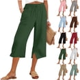 thumbnail image 1 of Tsesme Women’s Linen Capris Wide Leg Elastic Waist Drawstring Casual Pants Summer Lightweight Split Hem Capris Pants with Pockets ,Green-a,S, 1 of 8