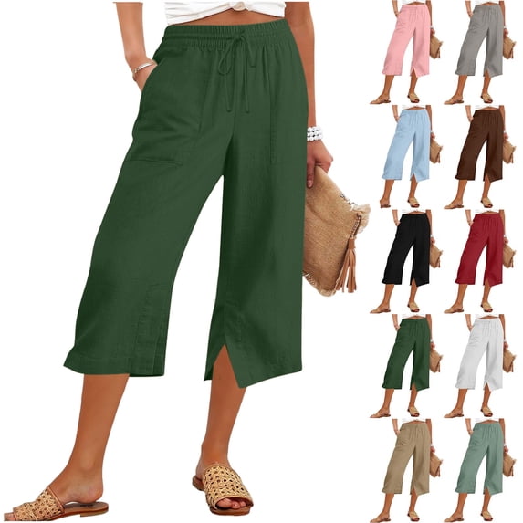 Tsesme Women’s Linen Capris Wide Leg Elastic Waist Drawstring Casual Pants Summer Lightweight Split Hem Capris Pants with Pockets ,Green-a,S