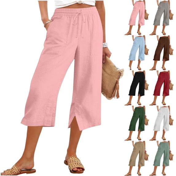 Tsesme Women’s Linen Capris Wide Leg Elastic Waist Drawstring Casual Pants Summer Lightweight Split Hem Capris Pants with Pockets ,Pinks,XL